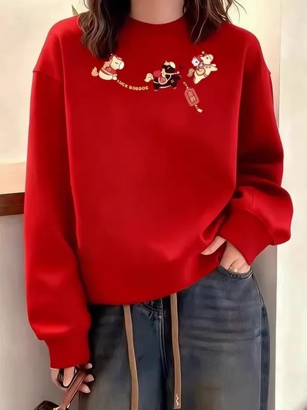 

plus Size 300 Pou Red round Ne Sweatirt ex Winter 2026 Year Luy Year Top Quali Pure Cotton Long Sve