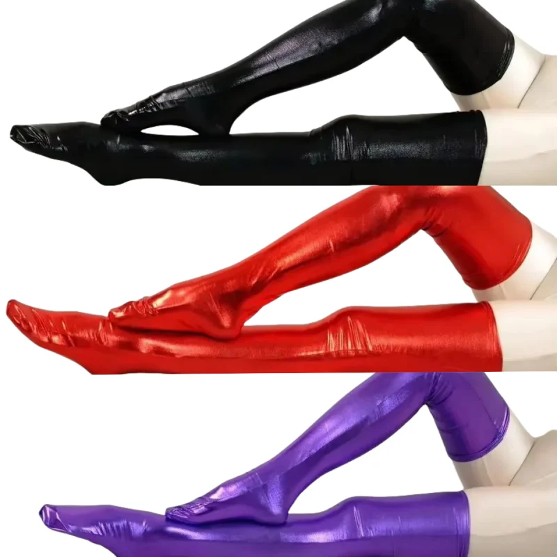 hot sale purple shiny metallic sexy thigh high socks fetish unisex zentai suit classic halloween costumes