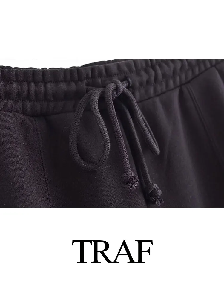 TRAF 2023 Winter Women\'s Fashion Sets 2 Piece Fleece Sweatshirt Lined Stretch Bomber Jacket + High Waist Wild Female Pants