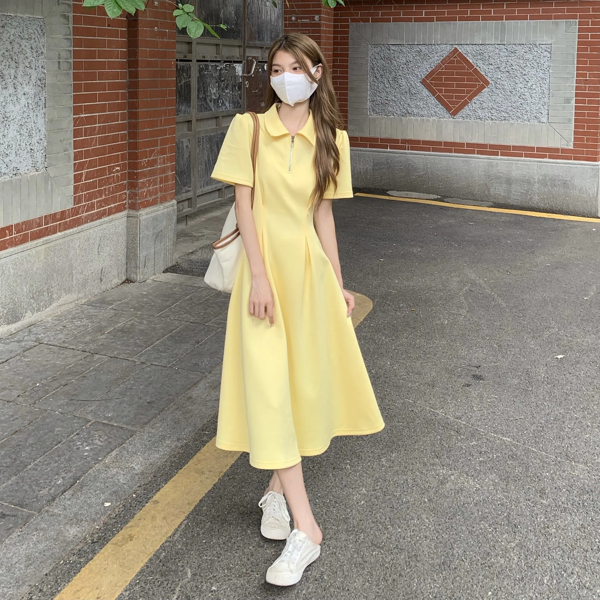

Summer New plus Size Collar Short Sleeve Women's Dress Waist Cinching Slimming Tummy Covering Fashion Casual Long Dress