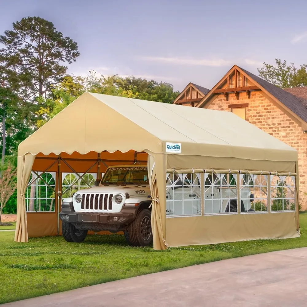 

13'X20' Retractable Party Tent with Wheels Movable Heavy Duty Carport Garage with Transparent Windows and Curtains