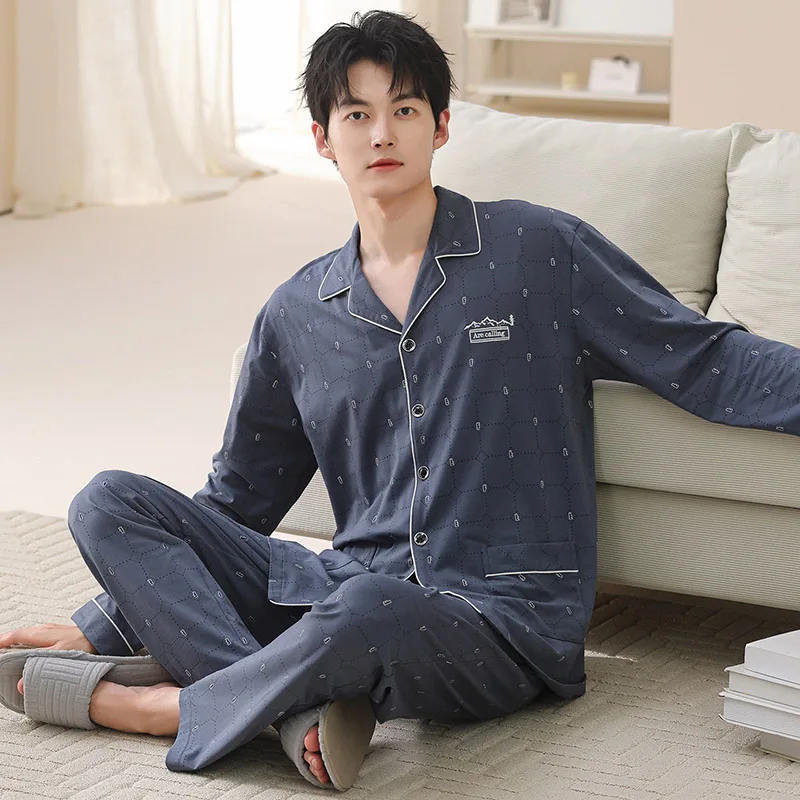 

Мужской пижамный комплект размера плюс L-4XL, одежда для сна из 100% хлопка, мужские весенне-осенние пижамы с длинными рукавами