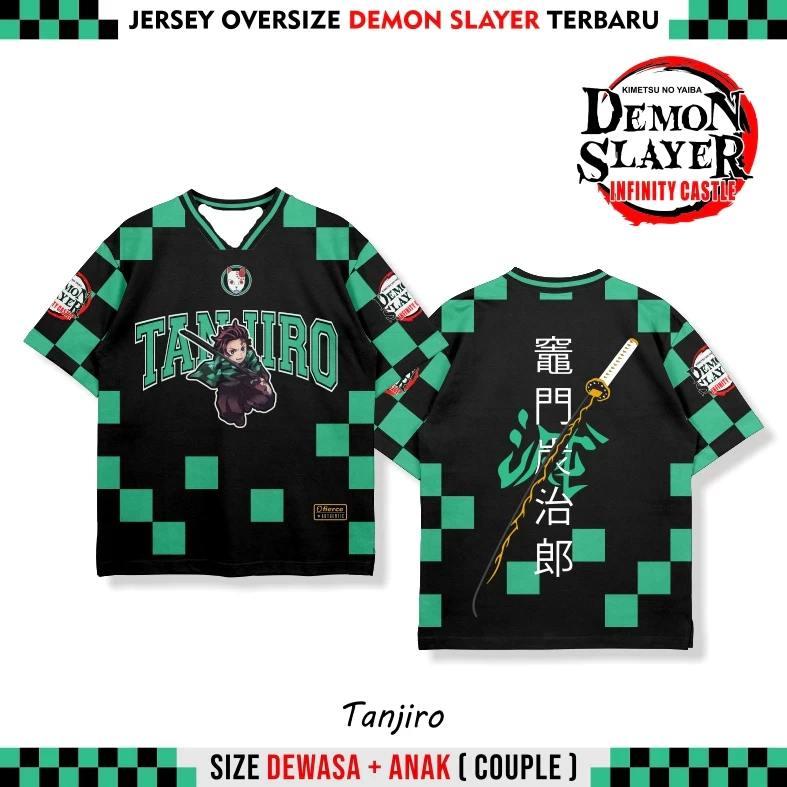 Neues Herren Demon Slayer Tanjiro Kamado Schachbrettmuster Mode 3D-Druck V-Ausschnitt Jersey T-Shirt Stylische Freizeitkleidung für Anime-Fans