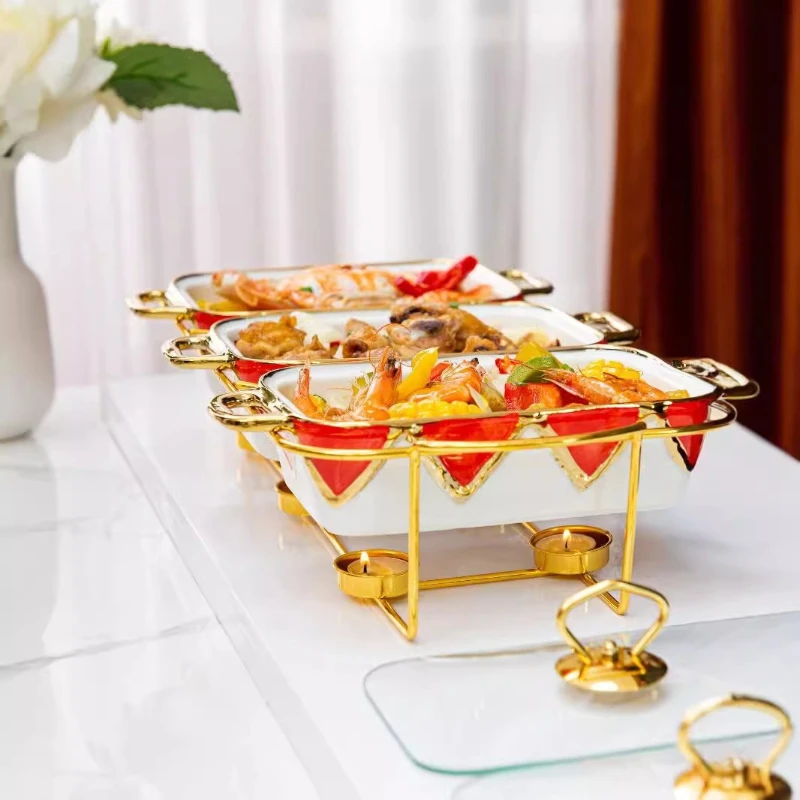 

Three-grid rectangular ceramic pan, baking pan, metal rack, heating soup pan, dry pan