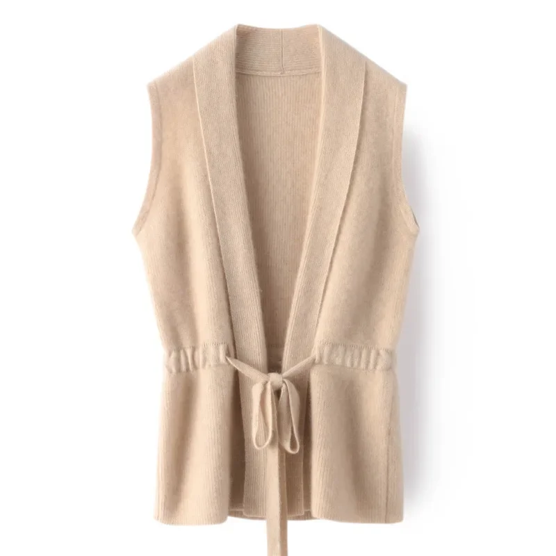 2024 New Arrival Elegant and Thickened Waist-Drawstring Wool Vest for Women Perfect for Commuting Autumn and Winter