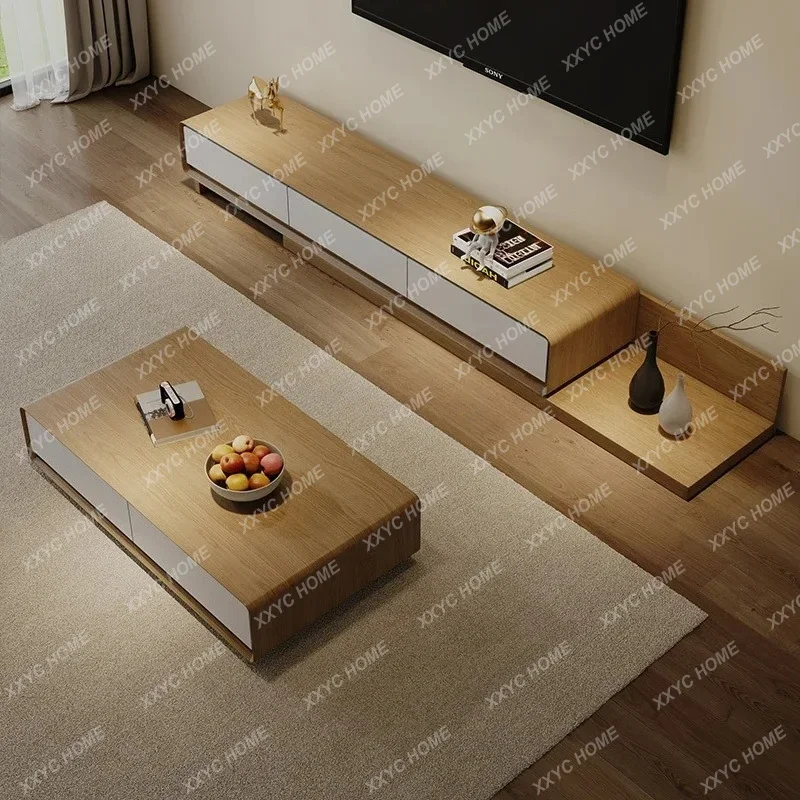 

A Solid wood telescopic TV cabinet coffee table combination modern simple log color small apartment living room floor cabinet