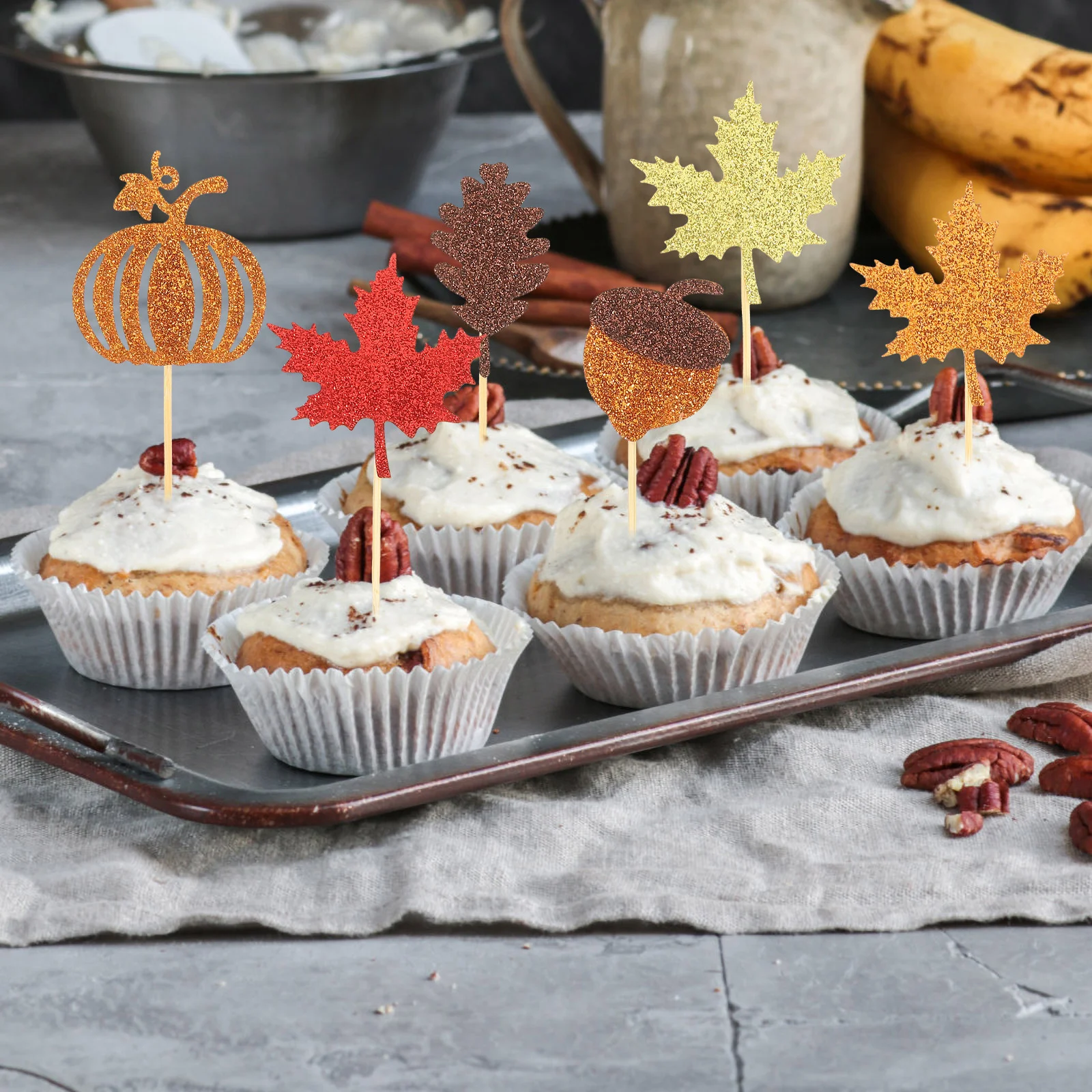 

24 Pcs Maple Leaf Pumpkin Inserts Delicate Cupcake Topper Cartoon Decor Picks Lovely