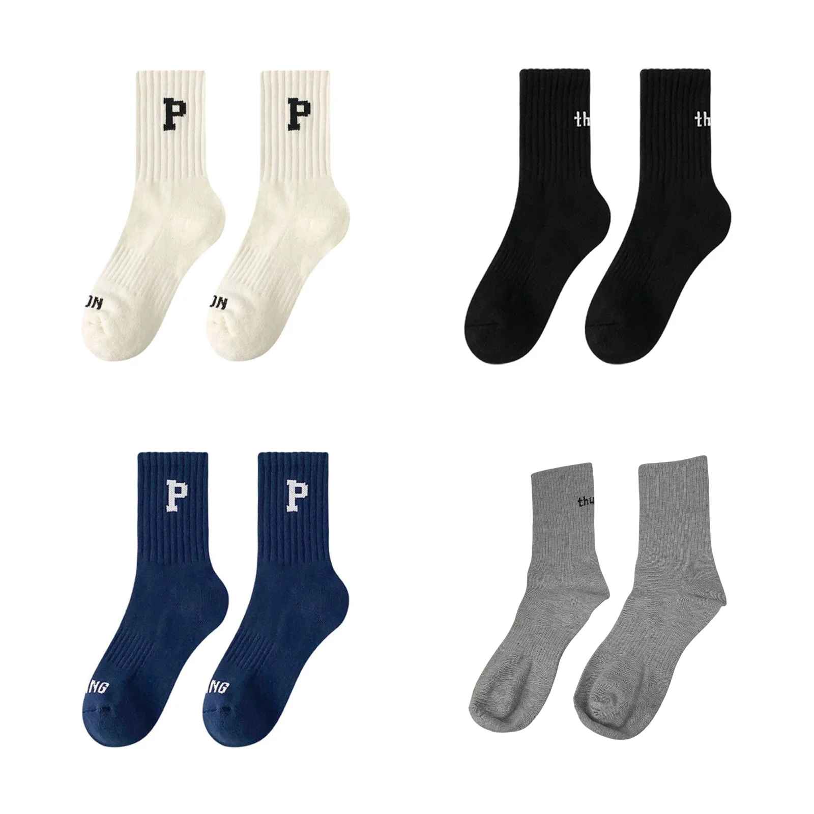 

Trendy P letter breathable mid-calf socks four-color combination (white + black + navy blue + gray)