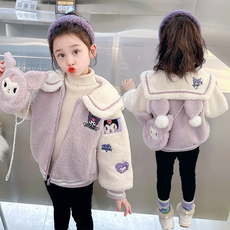 

Sanrios Down Jacket Girls Winter New Cotton Coat Kuromi Send Package Velvet Thickening Lapel Cartoon Embroidery Characters