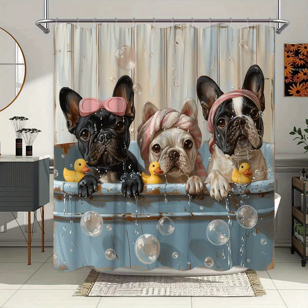 

Cute French Bulldog Shower Curtain - Playful Bathing Scene, Fashion Glasses & Towels, Polyester, 12 Hooks, Whimsical Art