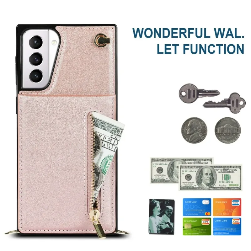 Zipper Wallet Case for Samsung Galaxy S21 S23 FE S22 S24 S25 S26 Plus Note 20 Ultra Card Holder Lanyard Crossbody Leather Cover