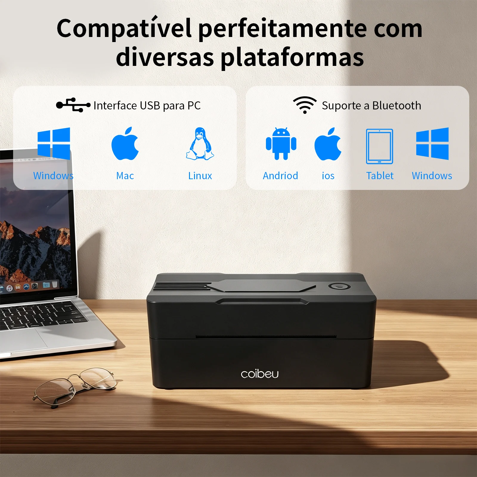 Impressora de Etiquetas Portátil Bluetooth USB 30-110mm Sem Tinta e Toner 203dpi 160mm/s Compatível Multiplataforma