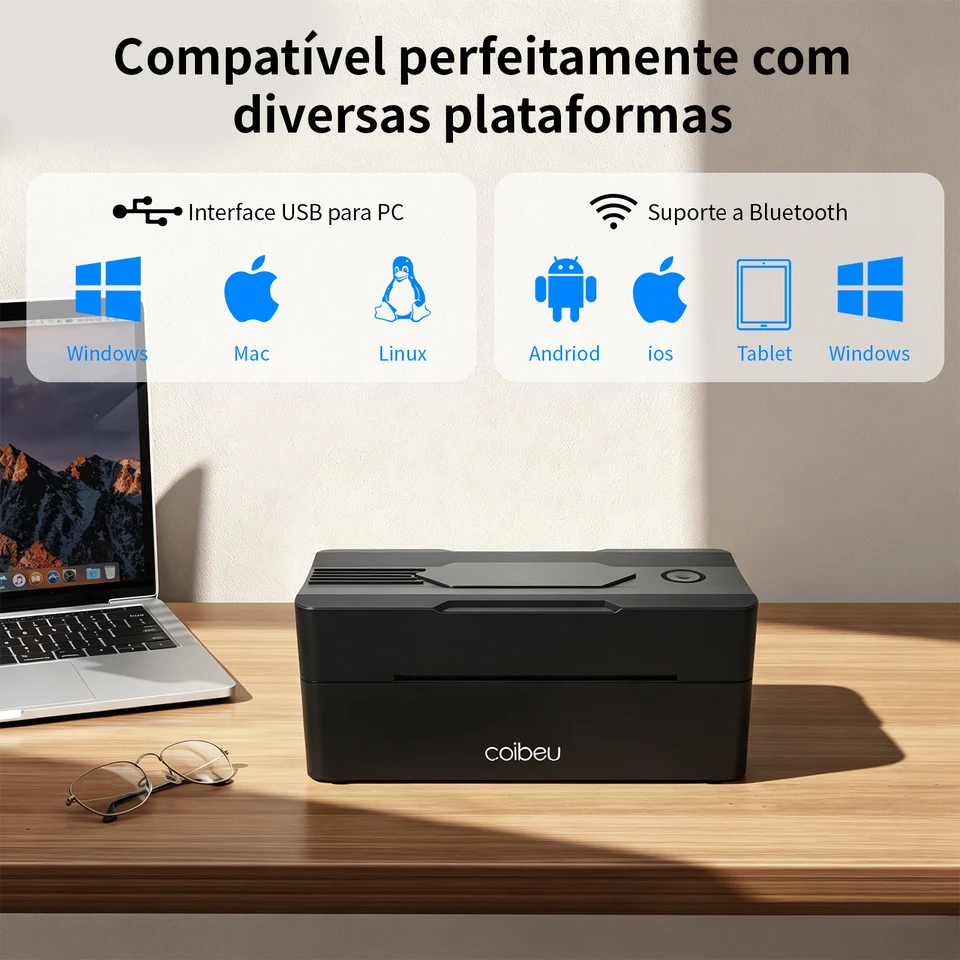 Impressora de Etiquetas Portátil Bluetooth USB 30-110mm Sem Tinta e Toner 203dpi 160mm/s Compatível Multiplataforma