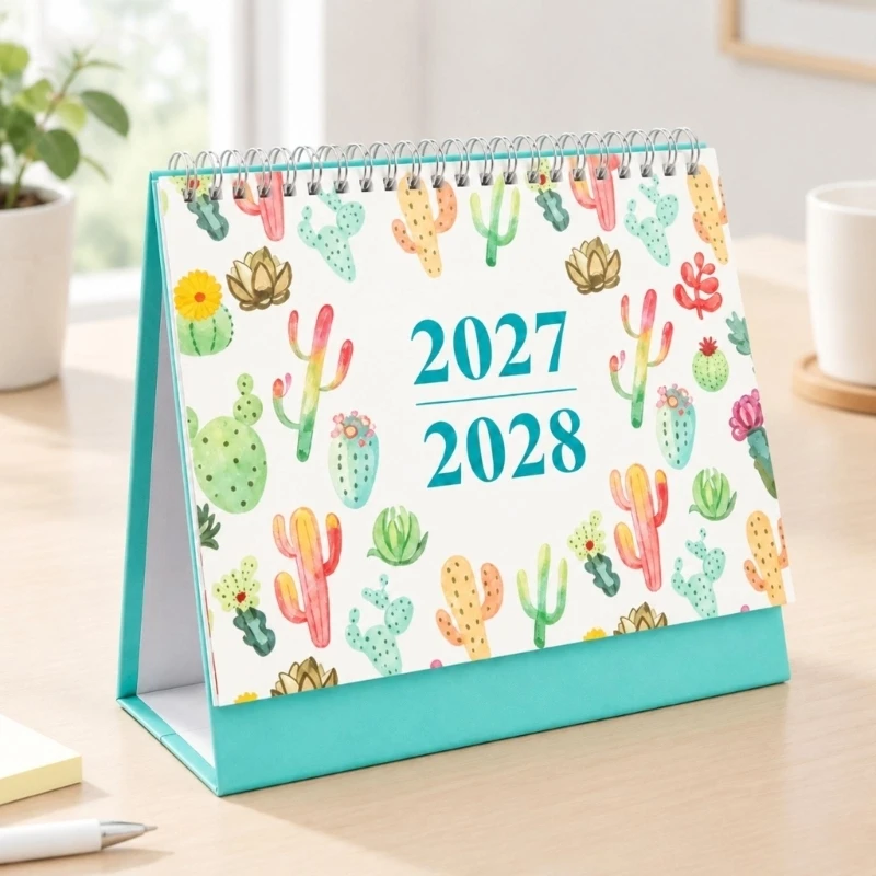 2027-2028 Desk Calendar with Monthly Planning Page, Top Wire Binding and English Dates for Note and Schedule Reference F19E