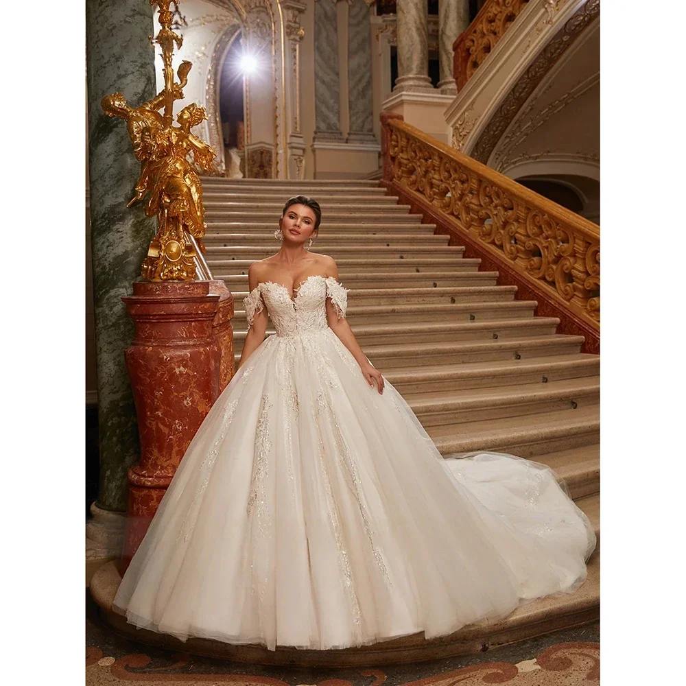 Flavinke personalizado fora do ombro vestidos de casamento 2025 apliques frisado noiva vestido de baile princesa plus size novia