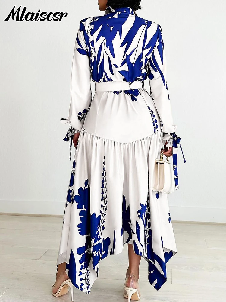Eleganckie sukienki plażowe w stylu boho z nadrukiem Mlaiscsr z paskiem, damskie afrykańskie jesienne sukienki z kołnierzykiem, długim rękawem i asymetrycznym dołem, idealne na urodziny.
