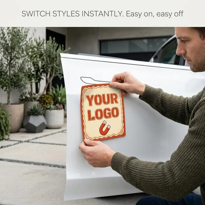 Square, flexible magnetic car decals for promotional purposes, personalized photo designs, and quick installation of car promoti