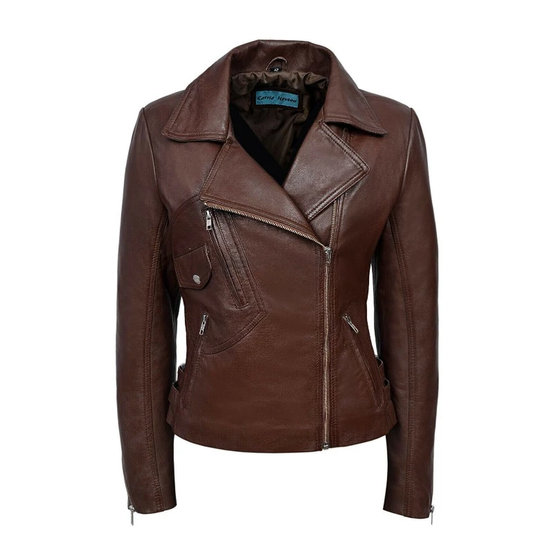 Urban Racer Ladies Brown Genuine Sheepskin 100% Leather Jacket Motorcycle Zipper