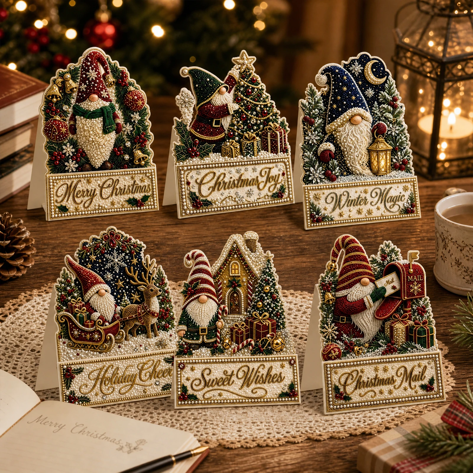 DIY Diamond Painting Christmas Card Kit 6Pcs with Envelope Resin Gem Greeting Cards 5.91x3.94in Holiday