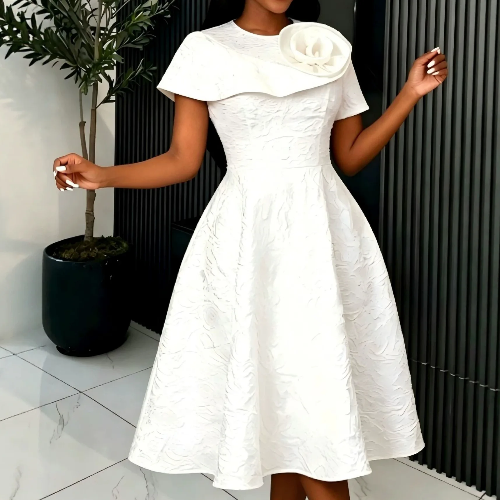 

S-3XL Plus Size Dashiki African Dresses for Women Elegant Africa Short Sleeve White Polyester Midi Dress Outfits African Clothes