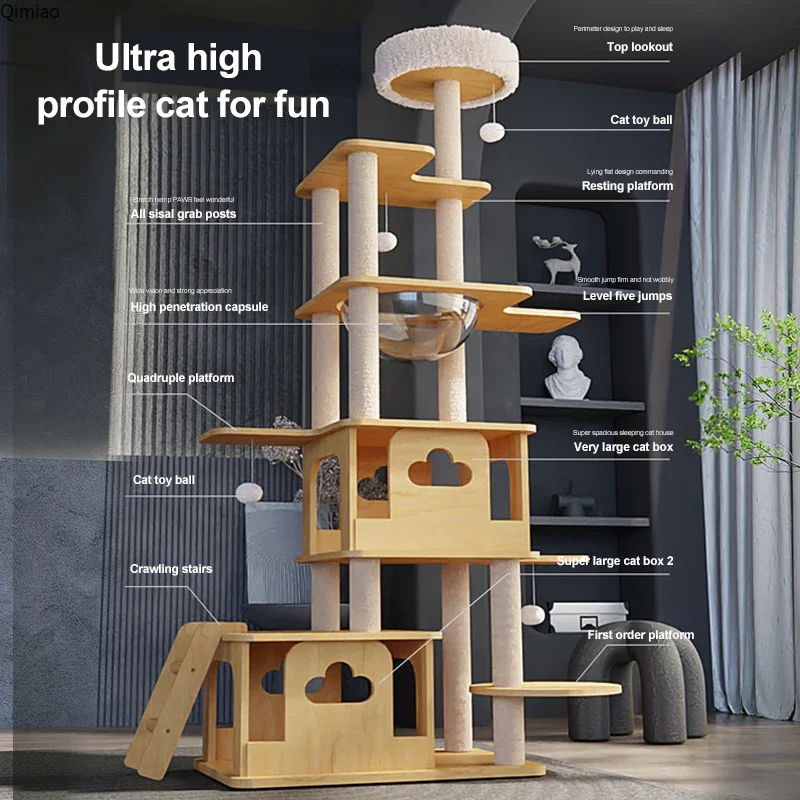 Tower With Sisal Rope Pillar Jumping Platform For Cat Nest Pet Rack Space Module Solid Wood Cat Climbing Frame