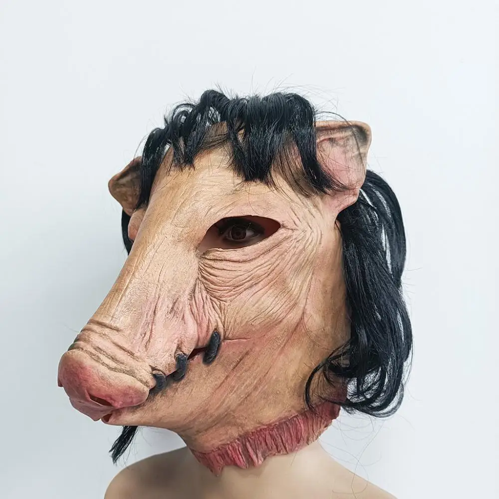 Animal Cos Mask Black Hair Pig Headgear Halloween Cosplay Scary Ball Props Evil Latex Headwear Full Head Masks