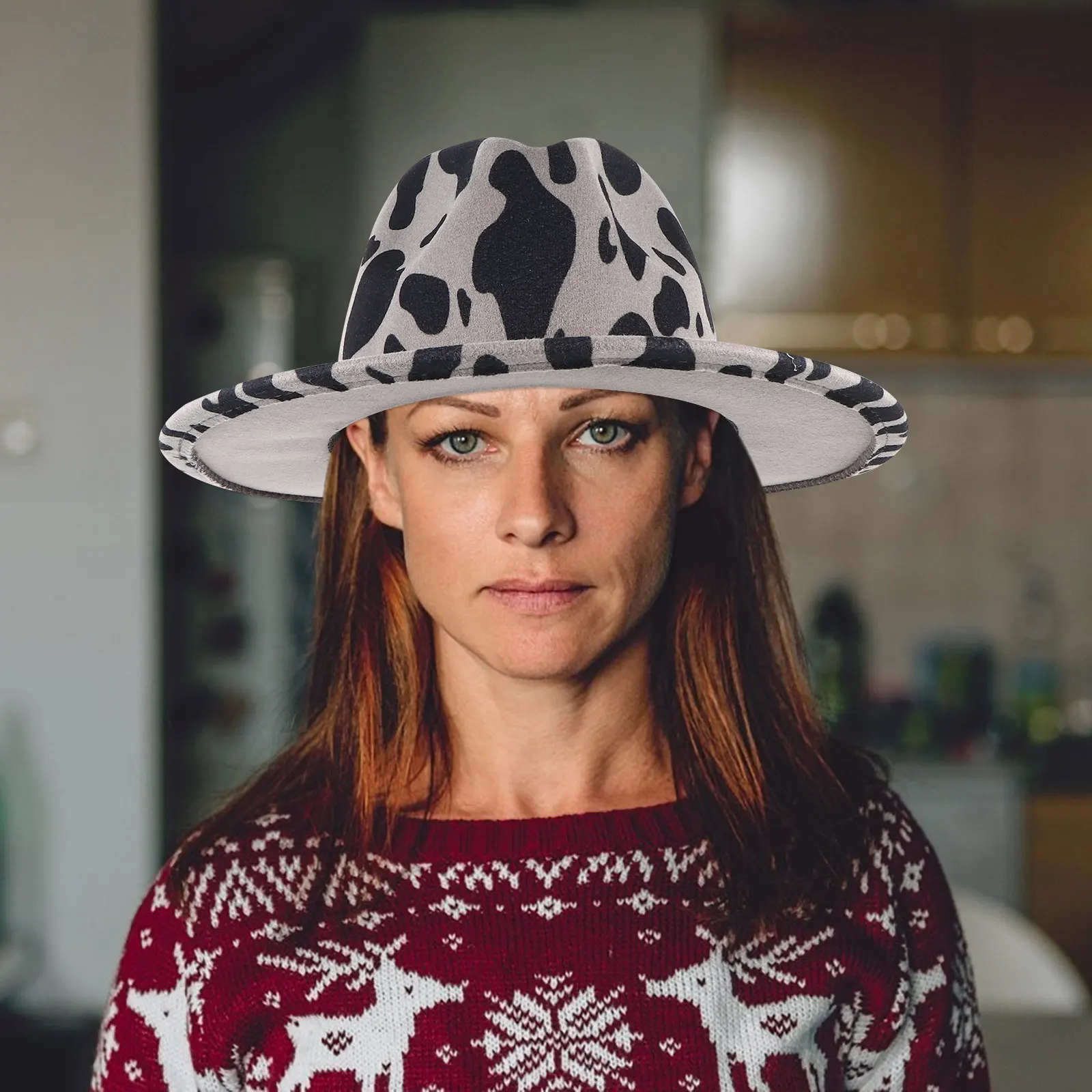 

Woolen Brim Hat Cow Print Ladies Cap Big Brim Fashion Adjustable Strap Comfortable Women Hats Party Wool Material Classic