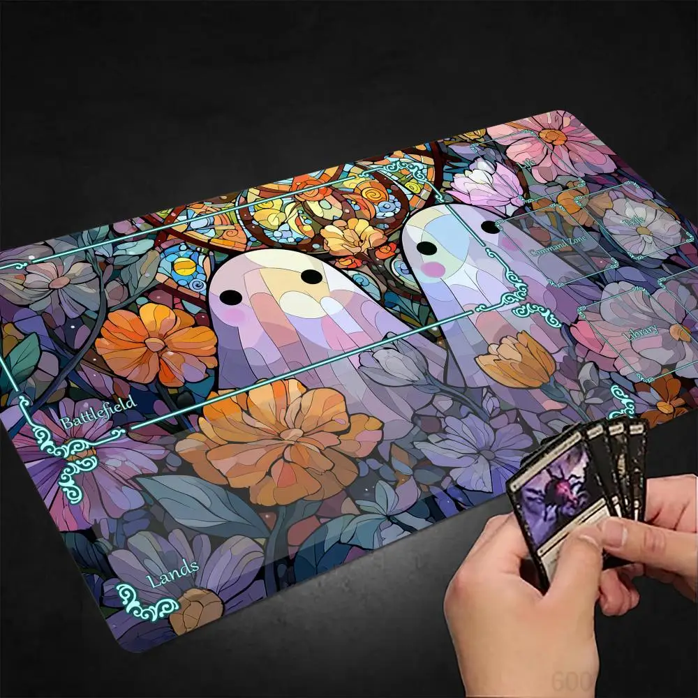 Bunte Blumen und Niedliche Geister MTG Spielmatte Magic Card Matte mit Genähtem Rand Rutschfeste Tischunterlage Brettspiel-Matte für TCG