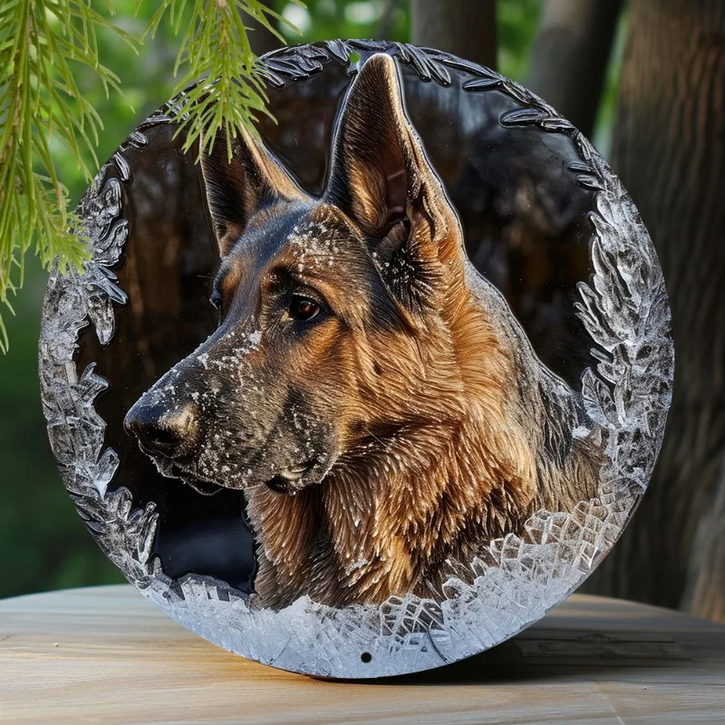 

Spring Aluminum Metal Sign Apartment Father's Day Faux Ice Sculpture,Round Wreath Sign, German Shepherd Theme Decoration