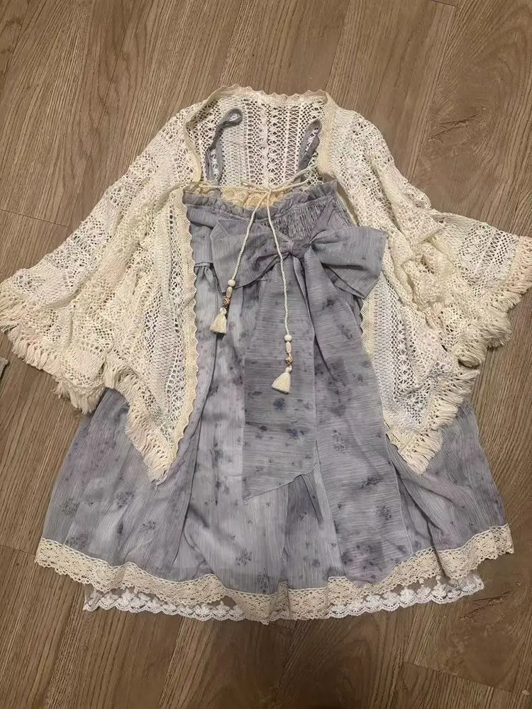 

Sweet Girl Style Sling Dress Set Beach Vacation Bow Floral Suspender Skirt Summer New Hollow Sunscreen Shawl Two-piece Set Chic