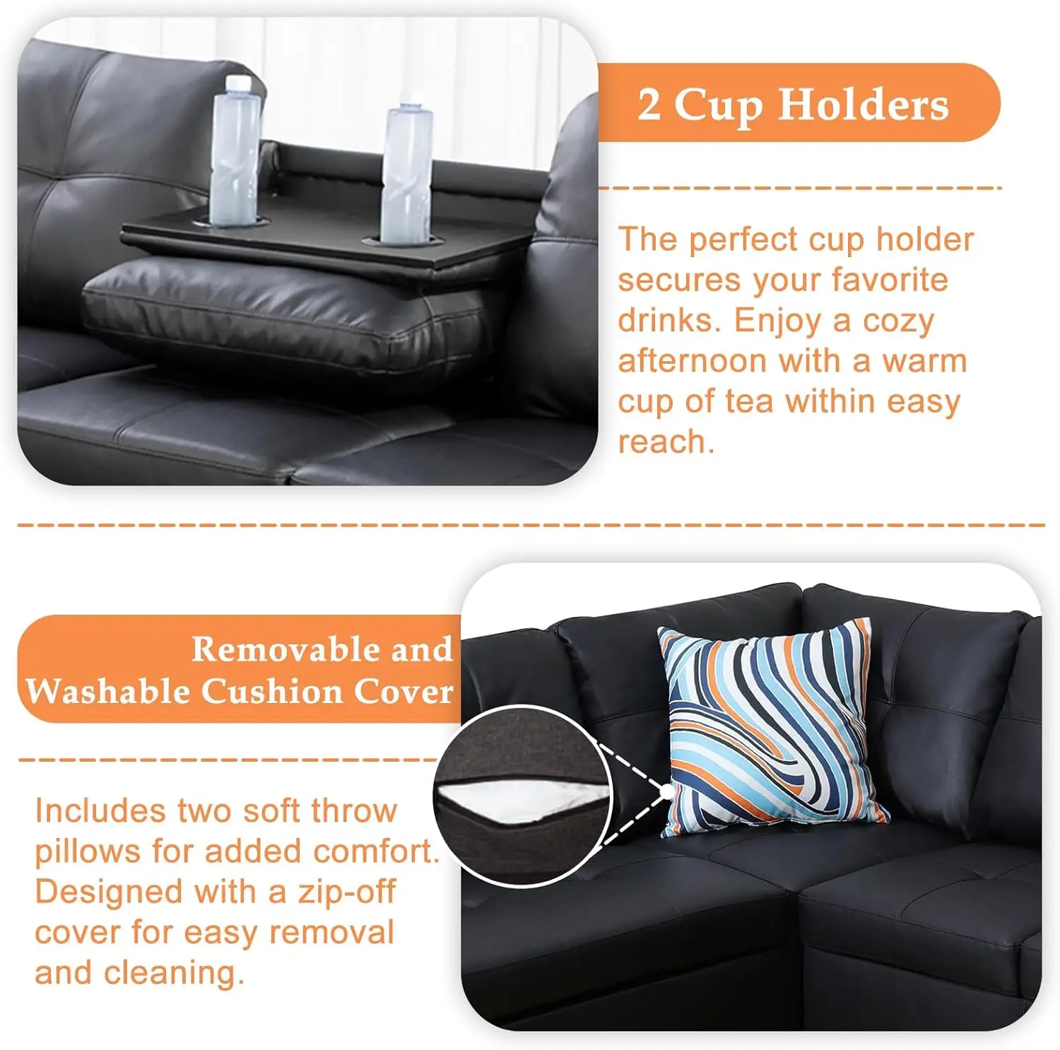 Sectional Sofa Couch, Modern 4-Seaters Living Room Furniture Sets with Chaise Lounge, Ottoman & 2 Pillows | L Shape Couch image 6