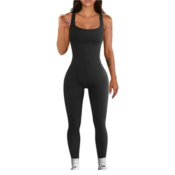 Nahtloser Damen-Overall für Workout, Yoga, gerippt, figurbetont, einteilig, quadratischer Ausschnitt, Leggings