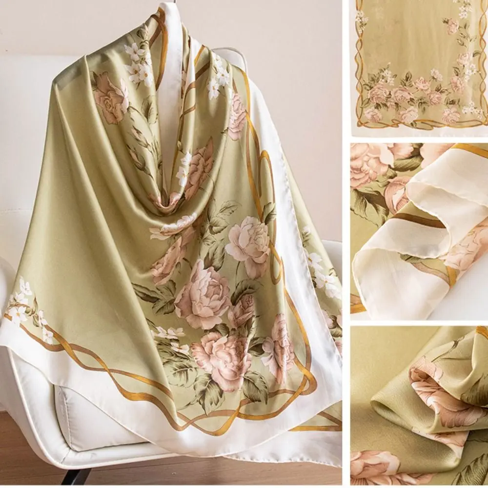 

Headkerchief Korean Luxury Silk Scarf Elegant Lotus Pattern Chiffon Shawl Wrap Printing Soft Women Hijab Shawls Spring