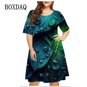 الأخضر ليف قطرة المطر المرأة فستان قصير الأكمام الصيف موضة س الرقبة فضفاضة حجم كبير فساتين 6XL عادية ثلاثية الأبعاد طباعة فستان قصير 5XL