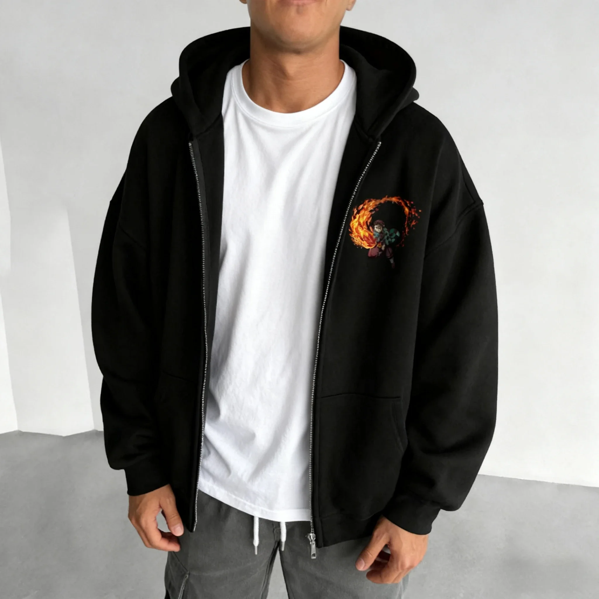 Demon Slayer Anime Autunno/Inverno Felpa con cappuccio con cerniera 2025 Nuovo Kamado Tanjirou Co-branded stampato Casual Allentato Genitore Bambino Top