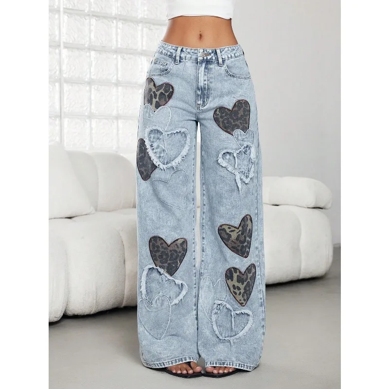 

2026 Women Low-Waist Jeans For Women, New Fashion Niche Heart Embroidery Print Straight Loose Casual Street Wear Y2k Pants, Autumn Everyday Shades Of Blue