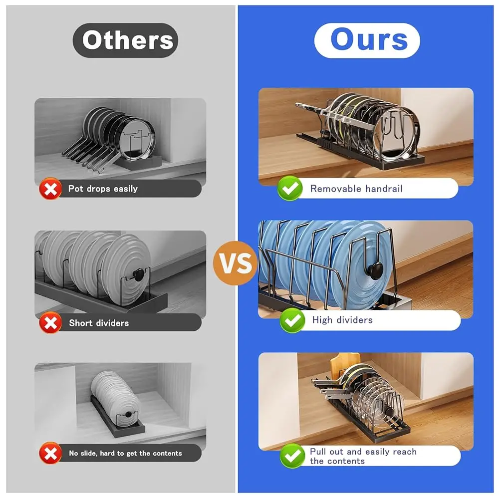 Pots And Pans Organizer Under Cabinet, 21.6"" Deep Pull Out Pot Lid Organizer Holder With Guardrail Adhesive Pot And Pan Holder