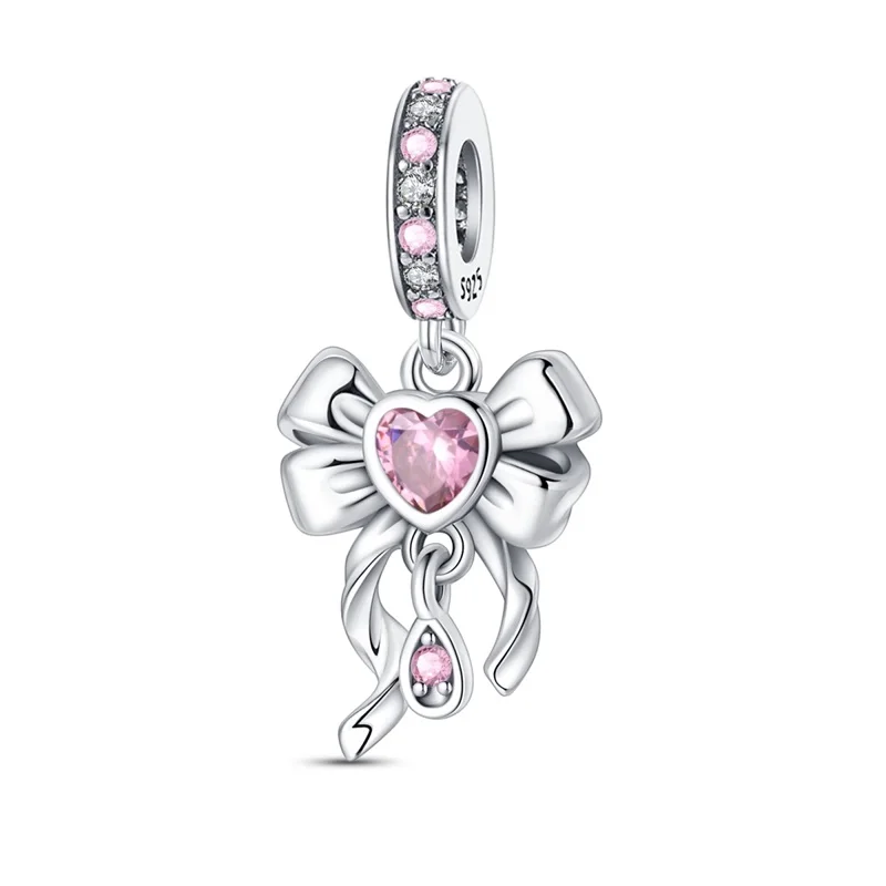 

Original 925 Sterling Silver Pink Sweet Bow Charms Bead Shining Zircon Dangle Fit Original Bracelet DIY Women Jewelry