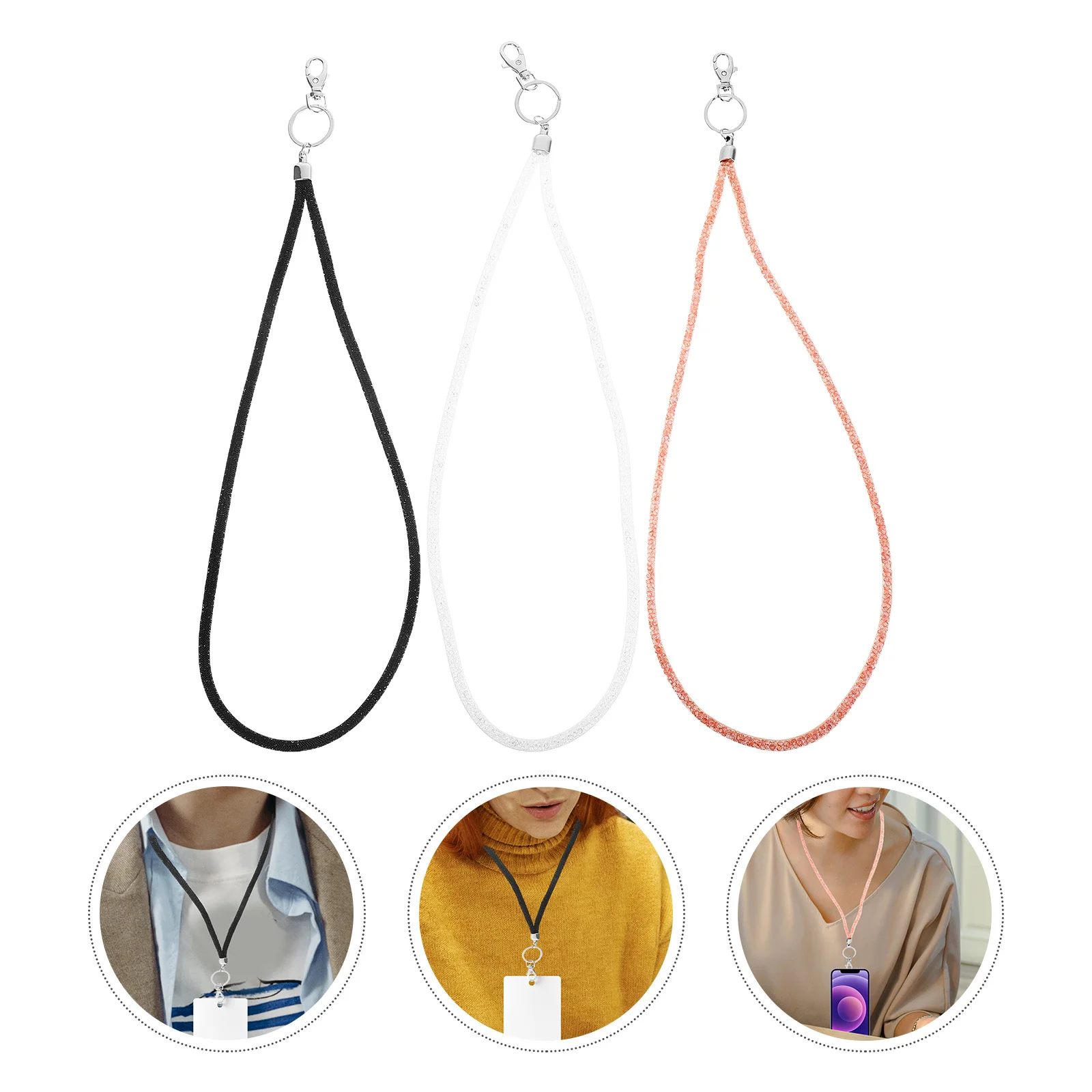 

3pcs Bling Rhinestone Phone Lanyard Lightweight Lobster Clasp Key Chain Holder For Id Card Work Permit Name Tag Travel Essential