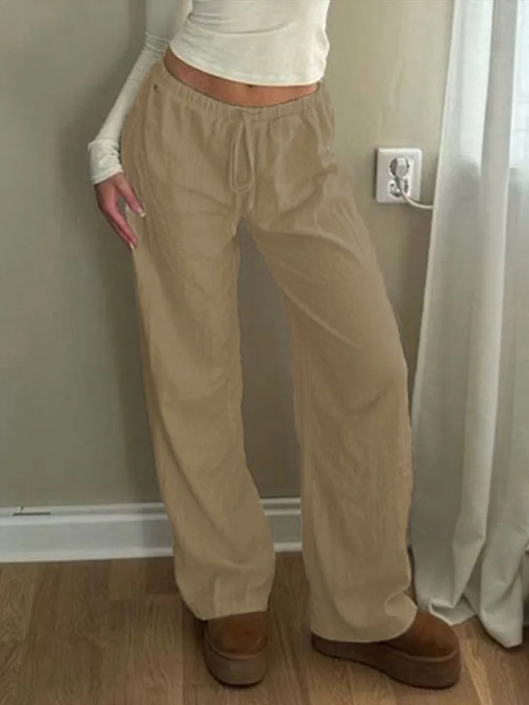 Fashion Cotton Linen Women's Lace Up Long Pant Pocket Solid Lady  Straight Pants 2025 New Spring Summer Casual Female Trousers