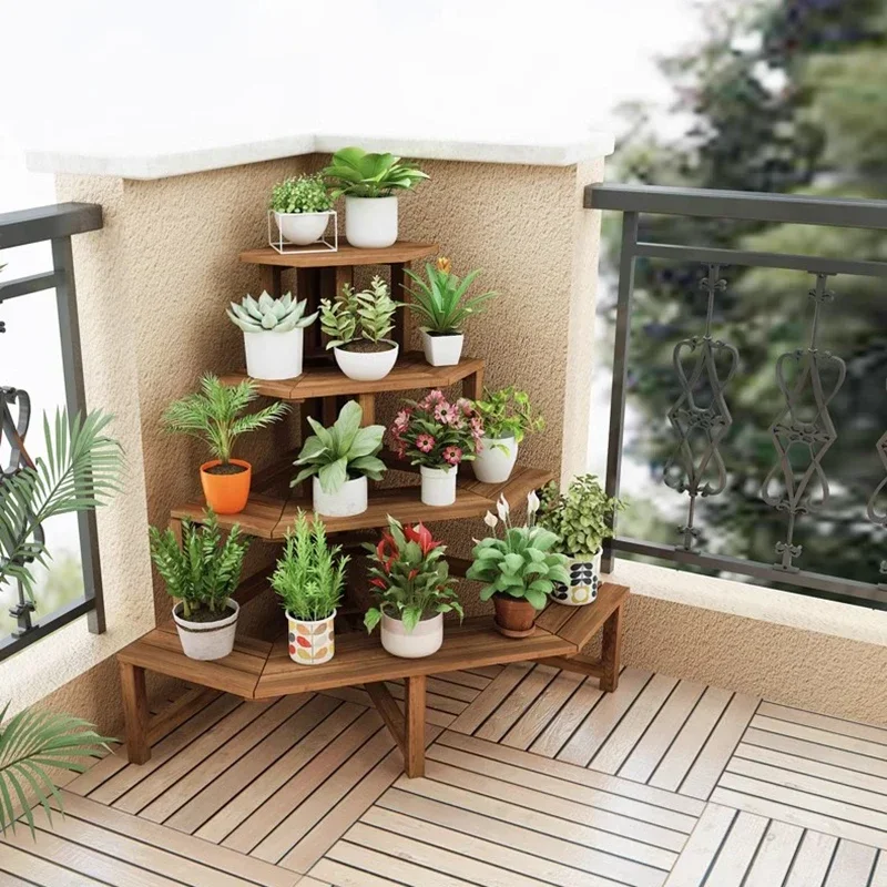 Estante organizador de plantas con marco de alta calidad para exteriores, escalera de capas, estante esquinero para flores, telón de fondo, juegos de madera escalonados, muebles de balcón
