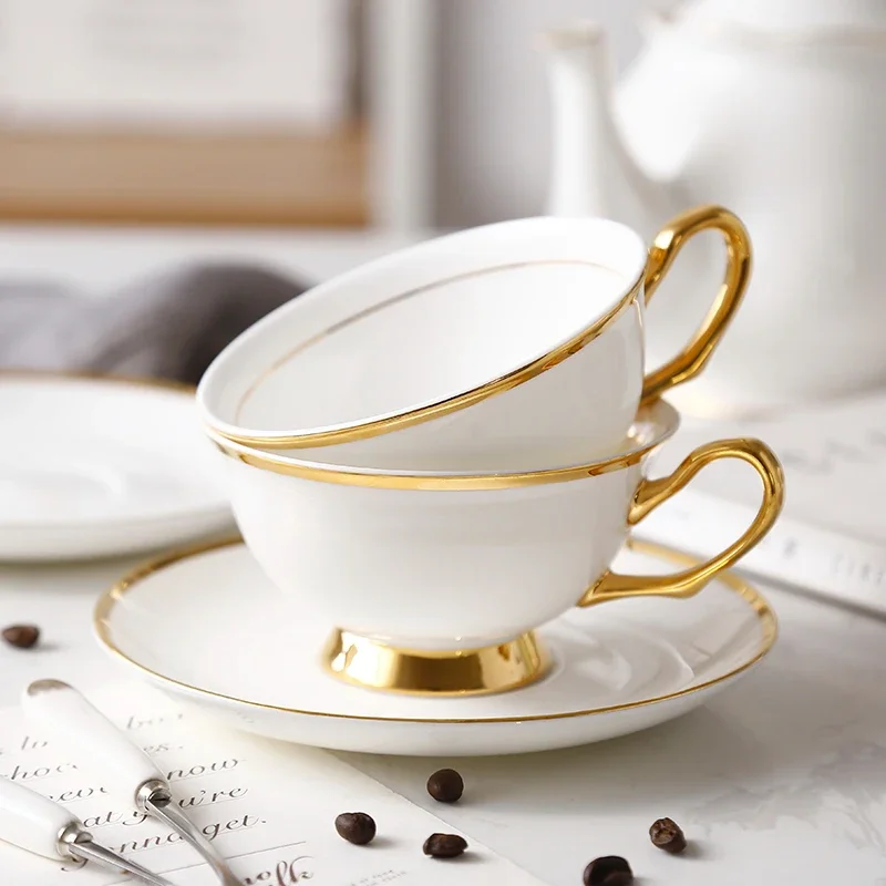 Gold Inlay Bone China Tea Cup Saucer Spoon Set 200ml Luxury Ceramic Coffee Advanced Porcelain Teacup Party Teatime Drinkware