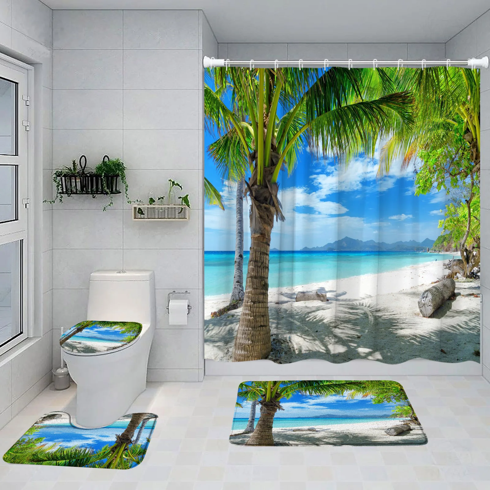 Island Beach Shower Curtain Set Tropical Coconut Tree Green Plants Ocean Nature Landscape Bathroom Decor Bath Mats Toilet Cover