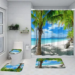 Island Beach Shower Curtain Set Tropical Coconut Tree Green Plants Ocean Nature Landscape Bathroom Decor Bath Mats Toilet Cover