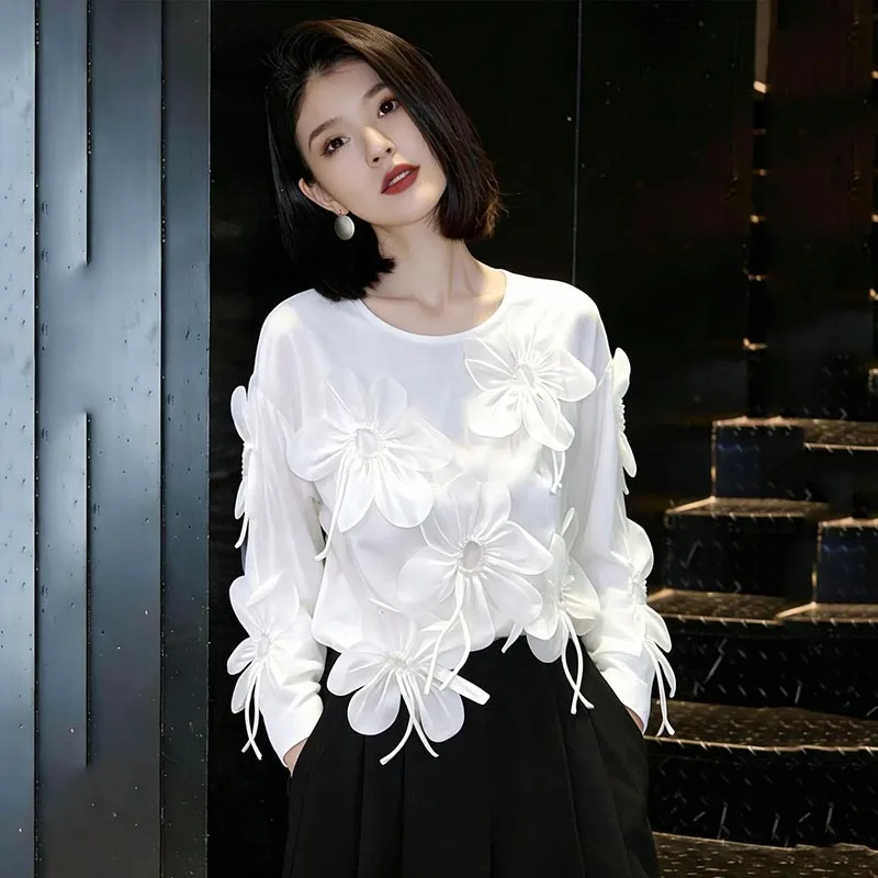 Design 3D Floral Long-sleeved Tops Women Blouse Spring Summer Shirts Womens Shirts Luxury Office Lady Blouses White Black