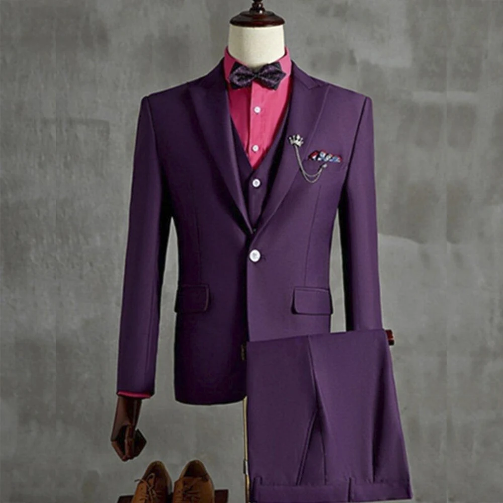 

Fashion Men's Suits Elegant One-Button Peak Lapel Skinny 3 Piece Jacket Pants Vest Outlets High Quality Male Clothing Blazer