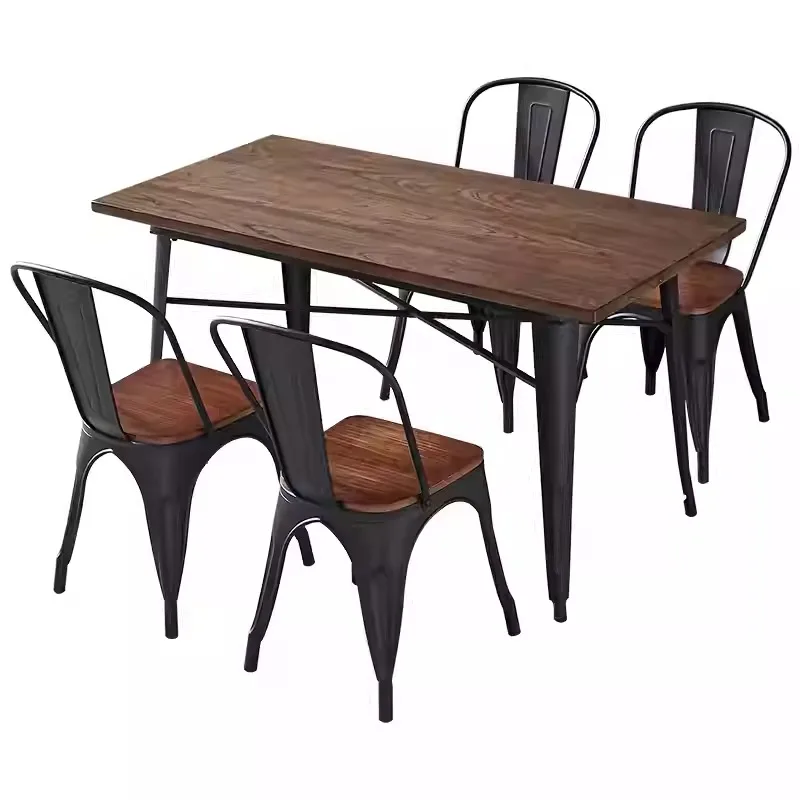 American industrial style old elm solid wood dining table and chair combination restaurant cafe bar retro wrought iron dining ta