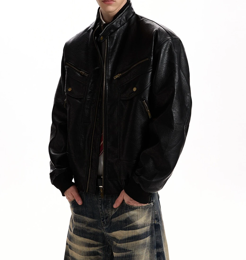 American Retro Texture Design PU Leather Jacket 2026 Autumn New Men's Boxy Multi-pocket Silhouette Motorcycle Jacket