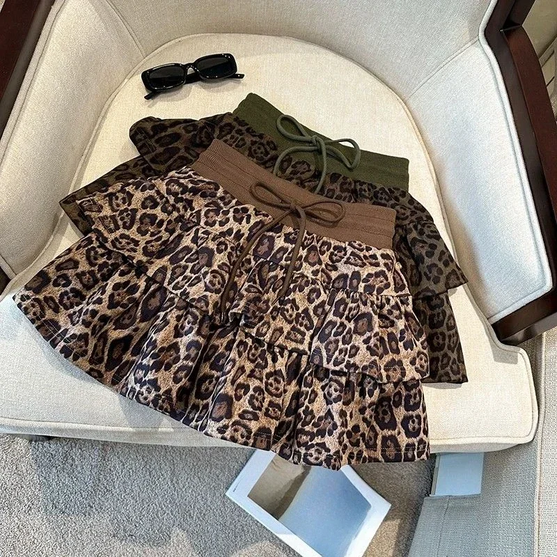 Y2k American Vintage Leopard-print Ball Gown Cake Skirt Women's A-line Short Skirts 2026 High Waist Ruffles Jupes Female