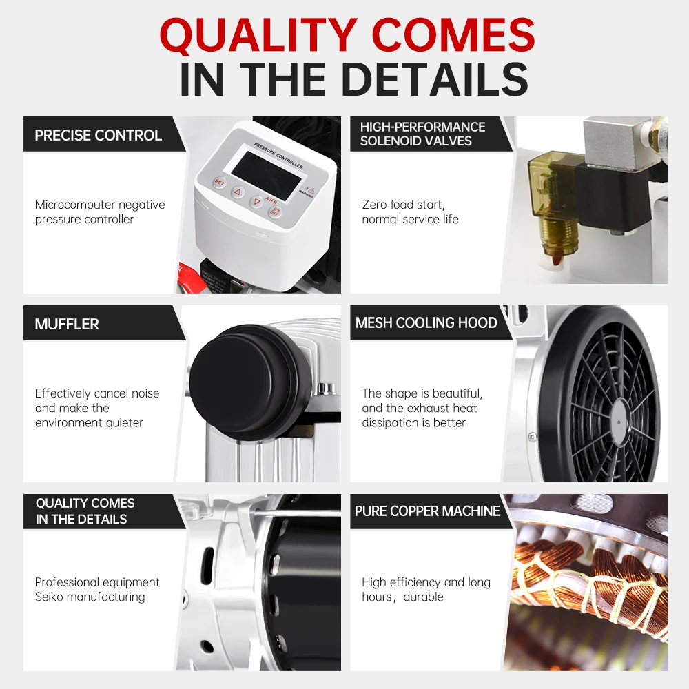 ชุดปั๊มสุญญากาศไร้น้ำมัน 200 ลิตร/นาที -91 กิโลปาสคาล 220 โวลต์ 1000 วัตต์ ปั๊มลมอุตสาหกรรม หัวปั๊มลมพร้อมถังเก็บลม 40 ลิตร